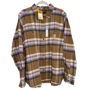 NWT Carhartt Womens 2X Relaxed Fit Tencel Flannel Shirt Plaid Brown Pink Green